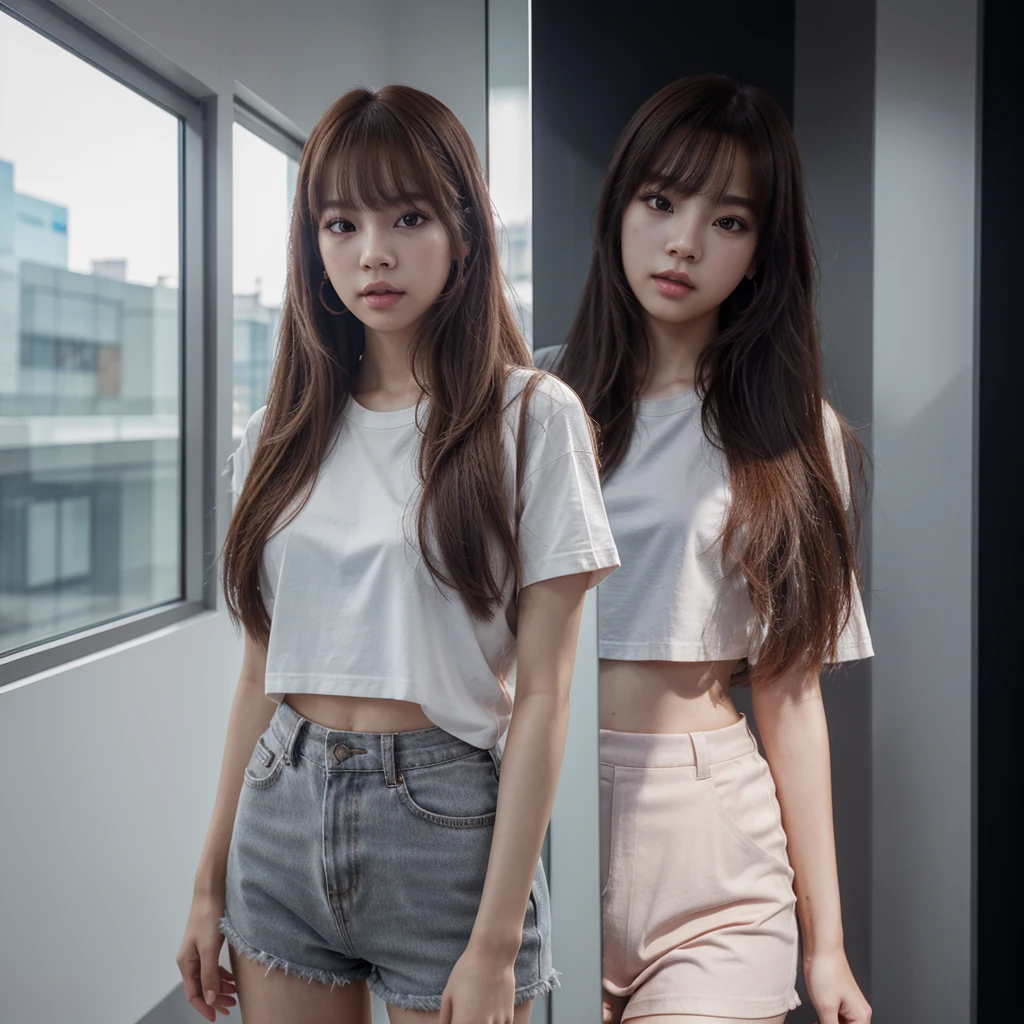 (lisa of blackpink) , (1girl), shirt:1.2、look at viewer、cinematic lighting、perfect、soft light、high resolution skin:1.2、realistic skin texture、full body, realistic face、Gray background