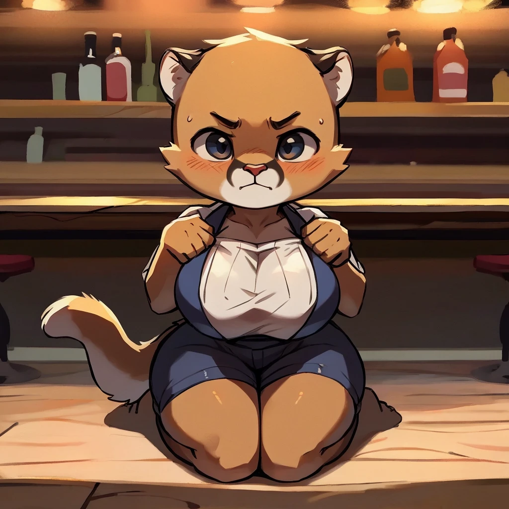cougar cub, large breasts, 1girl, toddler,cute, kneeling, show your tail, weak eyes, scheming face, bar background.