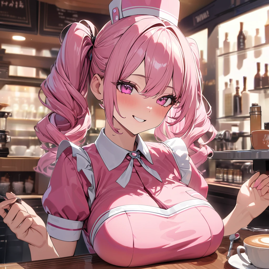 A woman wearing a red 50s waitress uniform with a white stripe, a 50s waitress hat, standing in a well-detailed 50s coffee shop, hot pink hair, with silver fringes, multi hair, pink eyes, smiling, close up view , big breasts, pigtails.UHD , prime work , accurate , anatomically correct , textured skin , super details , high quality , best quality, 8k, high resolution, bokeh effect. (woman alone)