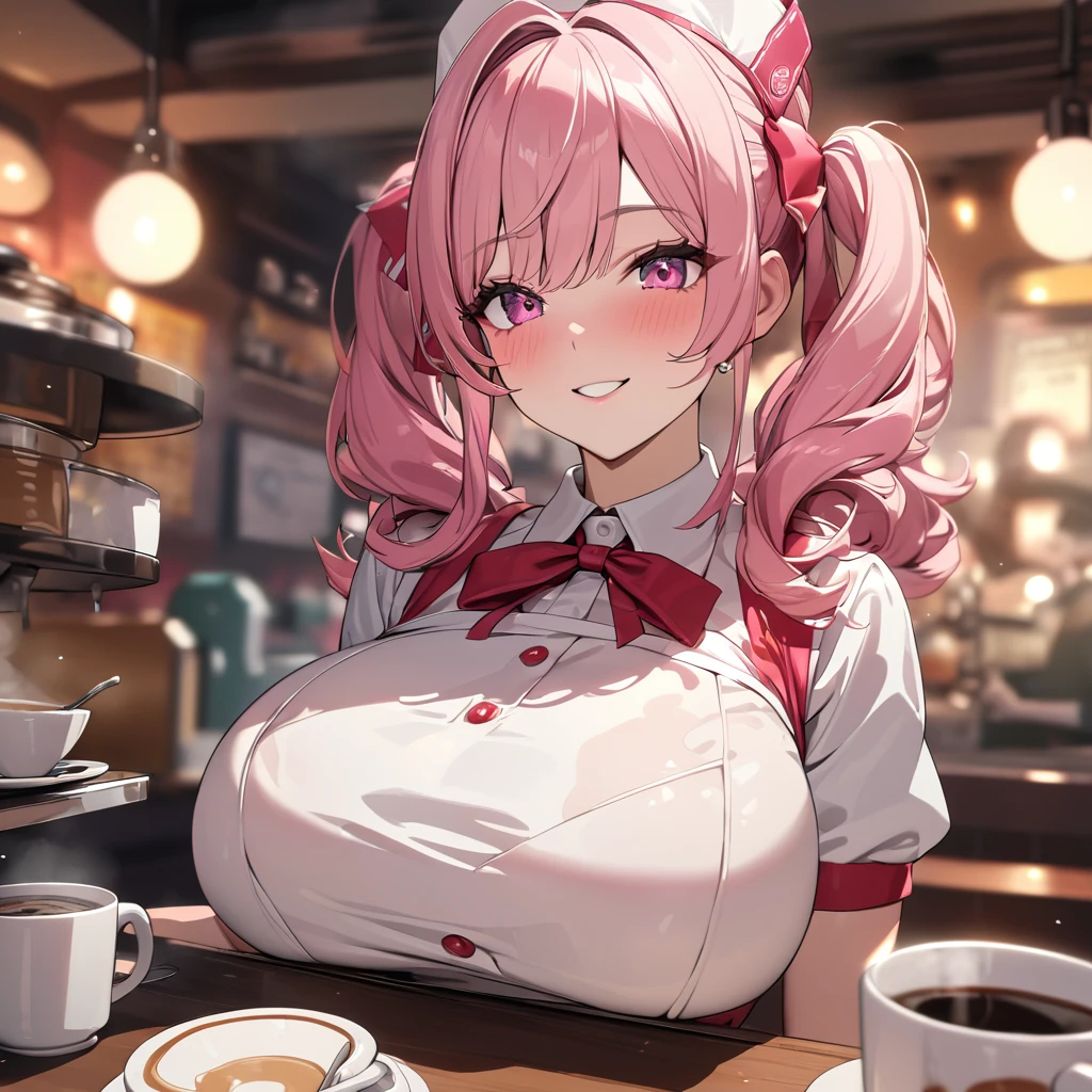 A woman wearing a red 50s waitress uniform with a white stripe, a 50s waitress hat, standing in a well-detailed 50s coffee shop, hot pink hair, with silver fringes, multi hair, pink eyes, smiling, close up view , big breasts, pigtails.UHD , prime work , accurate , anatomically correct , textured skin , super details , high quality , best quality, 8k, high resolution, bokeh effect. (woman alone)