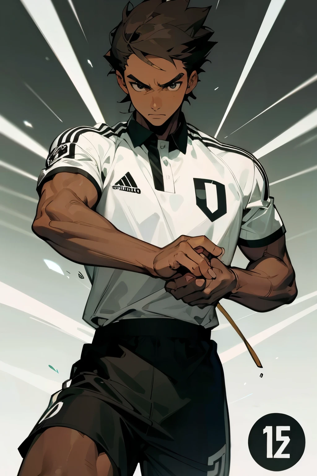 Brown skin low hair strong fatier black man soccer player anime cover art white shirt with diagonal black stripe