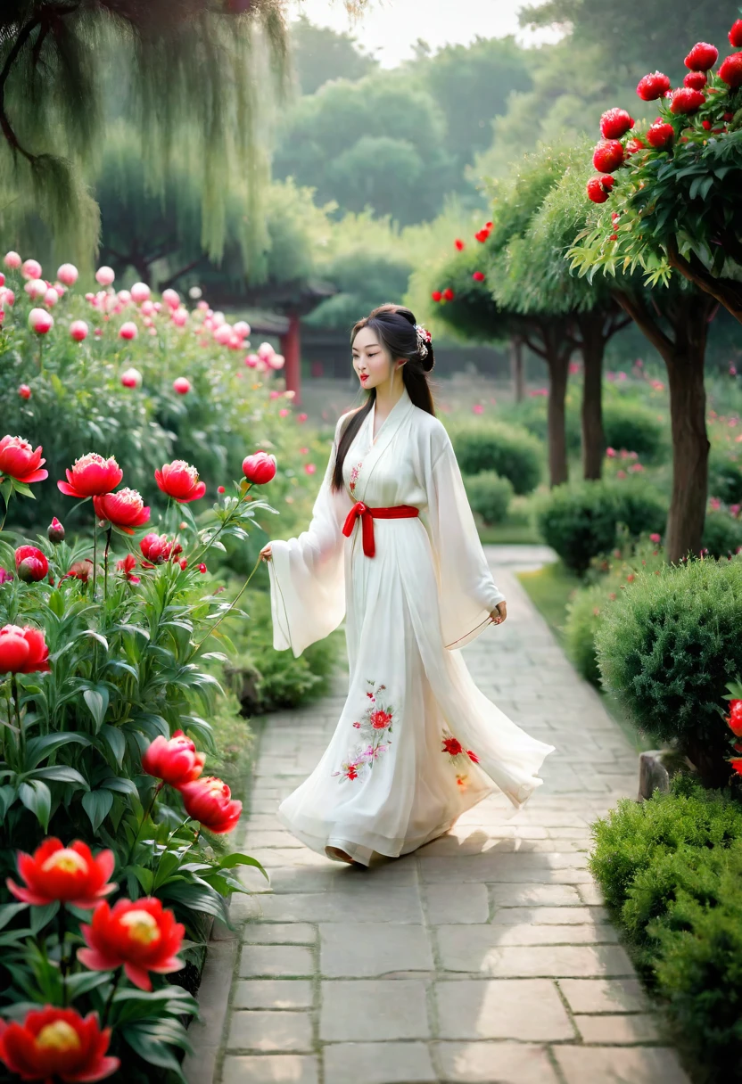 a woman wearing a white dress walking in a garden with red and white peony flowers in the foreground, a girl wearing hanfu traditional chinese clothing, long flowing hair and robe, ancient chinese garden background