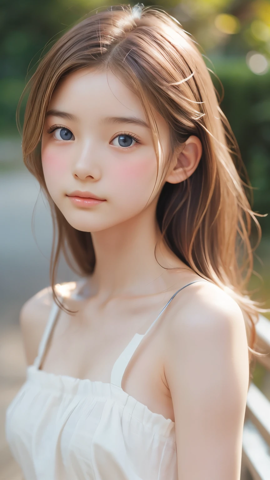 Film Portrait Photography, One girl, Bare shoulders, Shoulder-length blond wavy hair, Calm, Calm, (Realistic eyes, Natural skin texture, Realistic facial details), Soft and dramatic lighting, Depth of written boundary, Bokeh, Vivid details, In detail, Surreal, 35mm Film, Absent-minded, movie,