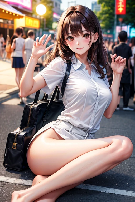 {of the highest quality], [Super beautiful], [Ultra fine], [best illustration], ,Brown hair, hime cut, wide, with bangs, girl,in a suit,ol,White shirt,short sleeve,SMILE, blush, Thin women, adult women,make a pose,(public),night park,summer festival,diagonal,  feet and pumps, Plain black pumps