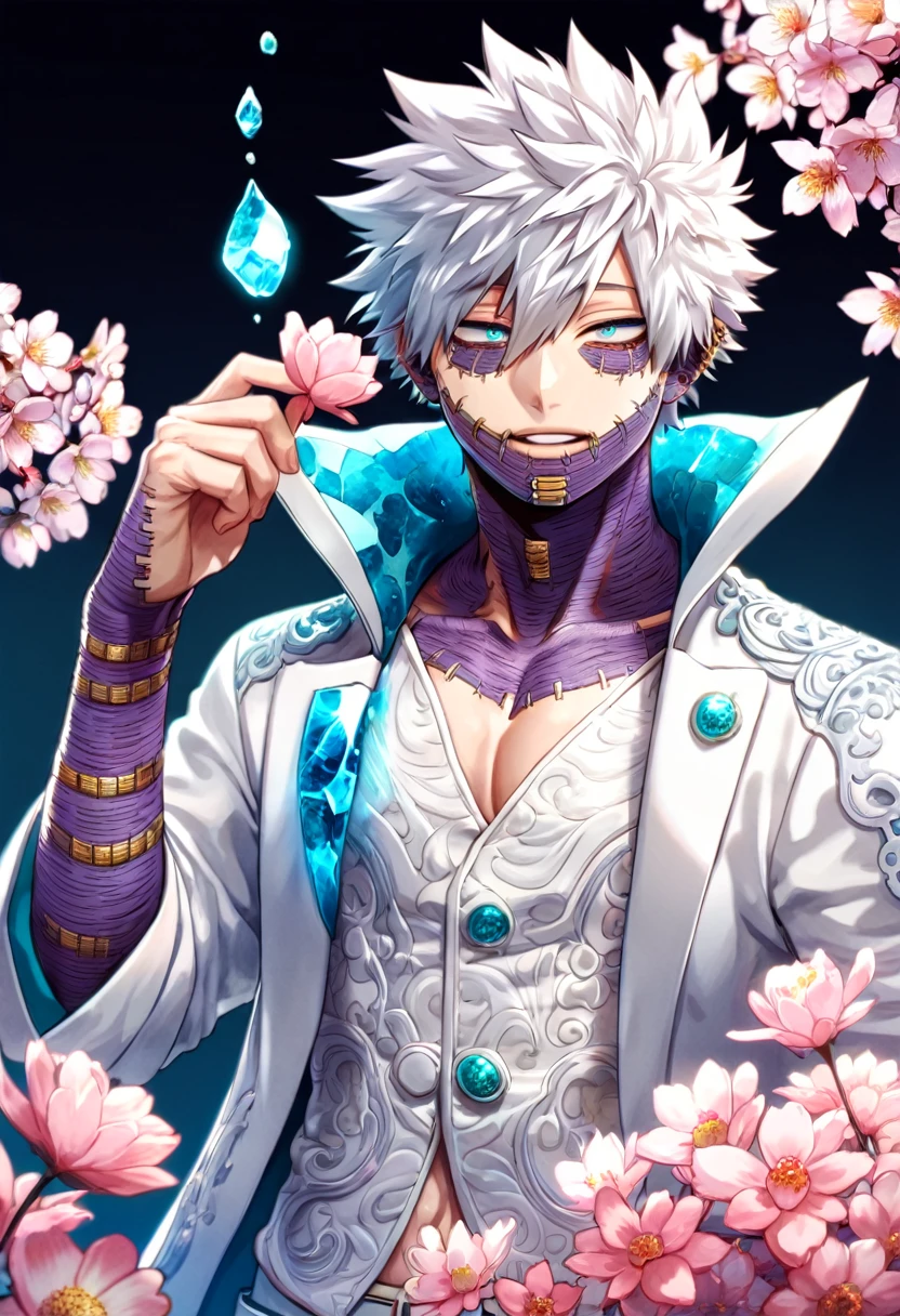 absurdres, highres, ultra detailed, HDR, master piece, Dabi, white hair, expressive turquoise eyes, white coat with high collar, Boku No Hero Academia, sexy man, handsome, best quality, blossoms, pink petals, pink flowers, water, fantasy, magical, blue shining fireflies, solo,