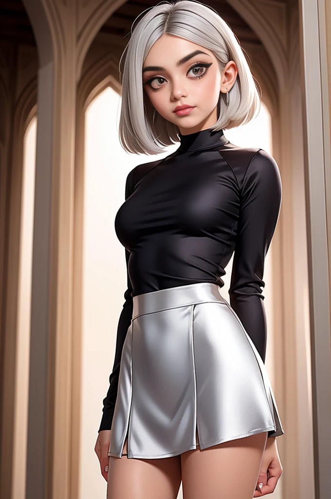 Beautiful Iranian teenager, tight silk long sleeve top, short breasts, bob hair with silver streaks, short silk skater skirt, masterpiece,
