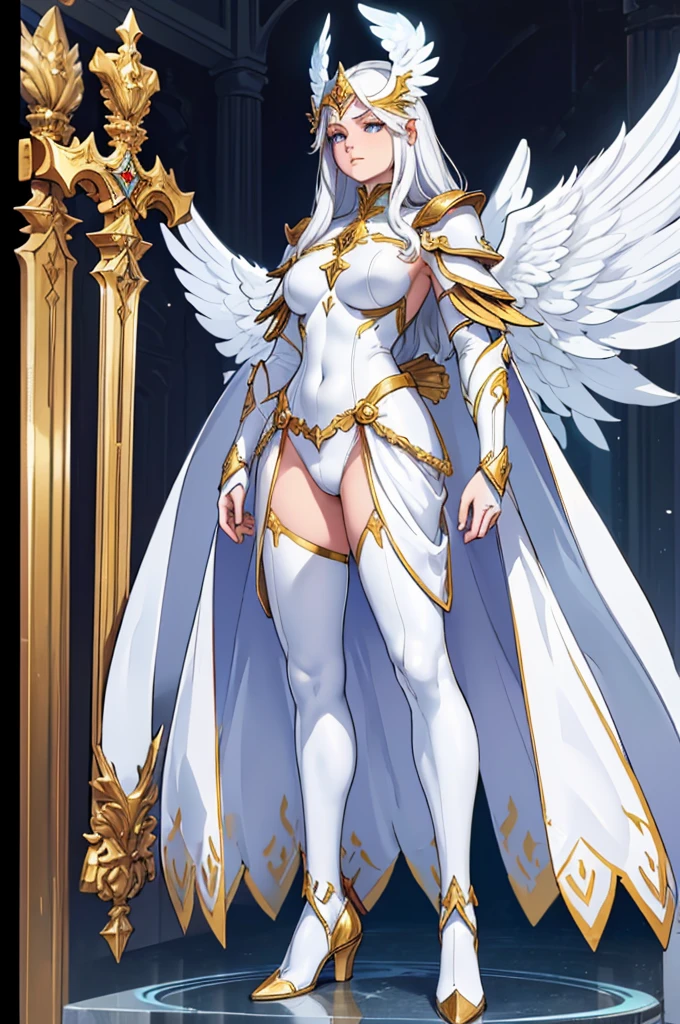 (masterpiece, best quality, high resolution, ((full body, standing,))1 man, very long white hair, athletic body, white angel armor with gold details, fantasy full body, angel helmet covering everything the face, white angel wings, nagel wing, white fantasy swords in the hands, powerful posture,
