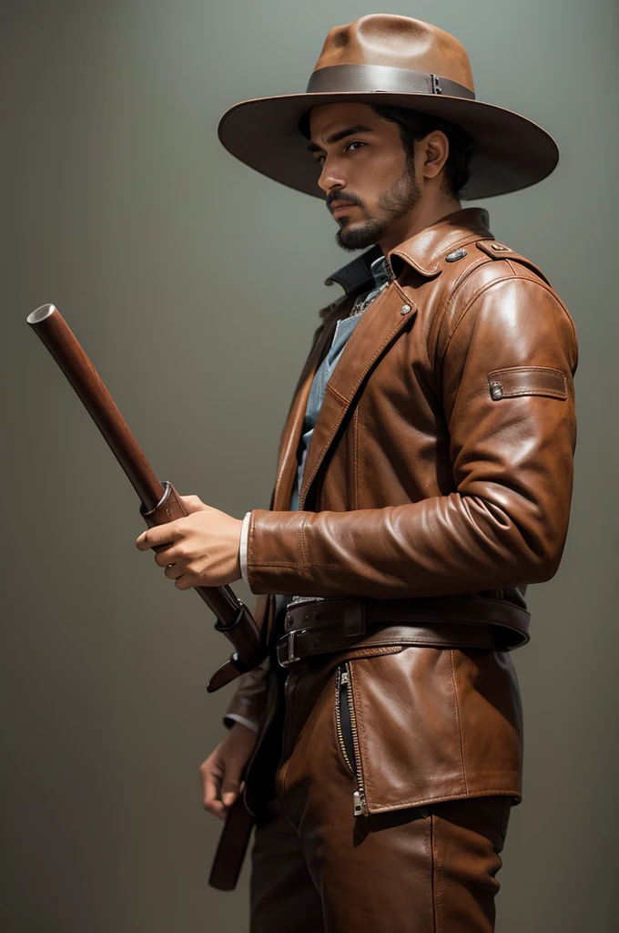 Cangaceiro holding shotgun, leather hat, background of the northeast hinterland 