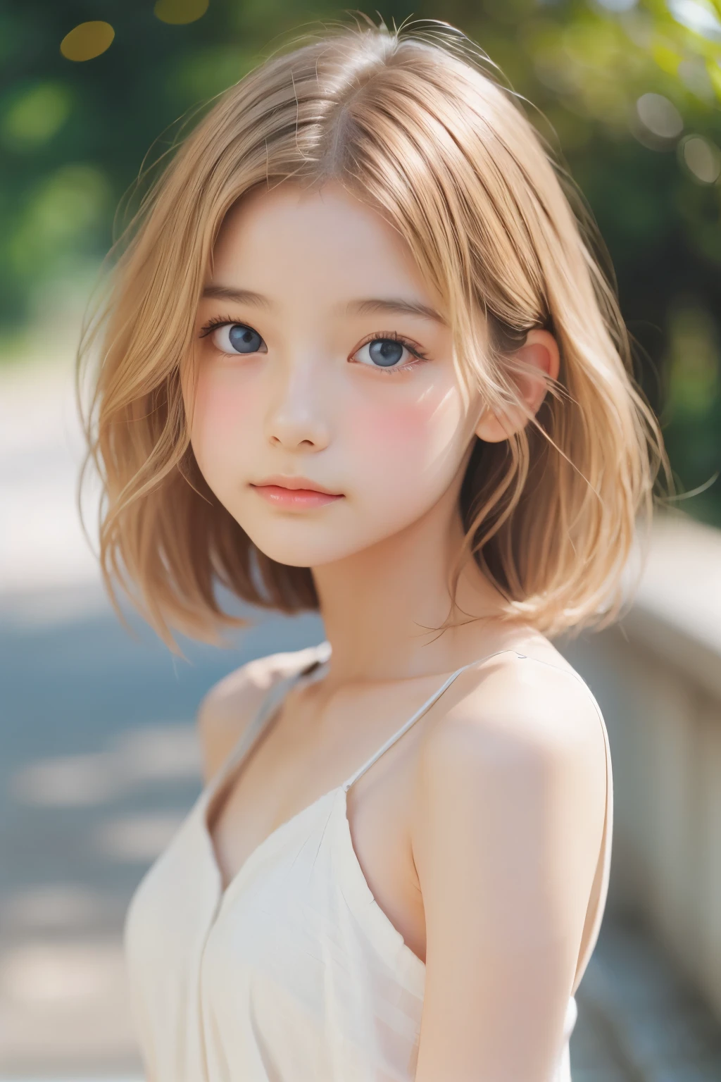 Film Portrait Photography, One girl, Bare shoulders, Shoulder-length blond wavy hair, Calm, Calm, (Realistic eyes, Natural skin texture, Realistic facial details), Soft and dramatic lighting, Depth of written boundary, Bokeh, Vivid details, In detail, Surreal, 35mm Film, Absent-minded, movie,