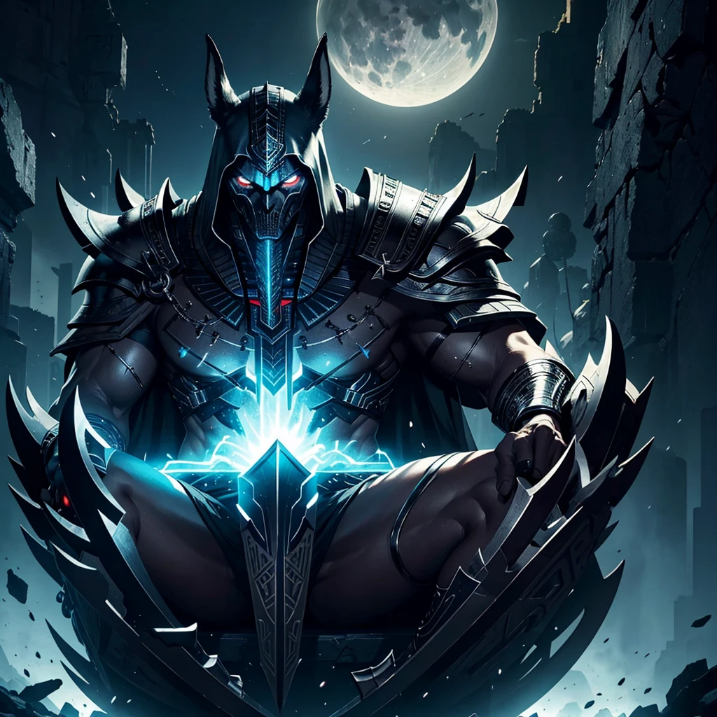 a highly detailed egyptian god of death, extremely tall, muscular and masculine death god, black jackal headed human body, god anubis, wearing intricate white metallic battle armor , with an air-flowing black cape,sitting on the throne chair of hell in badass position making strength symbol from his hands, epic dramatic moonlit night scene, cinematic lighting, ultra-detailed 8k, dslr quality, best quality, photorealistic, cinematic, dramatic, concept art style, moody, dynamic, muscular, imposing, powerful, majestic, heroic, 8k, dslr, high details, ultra hd