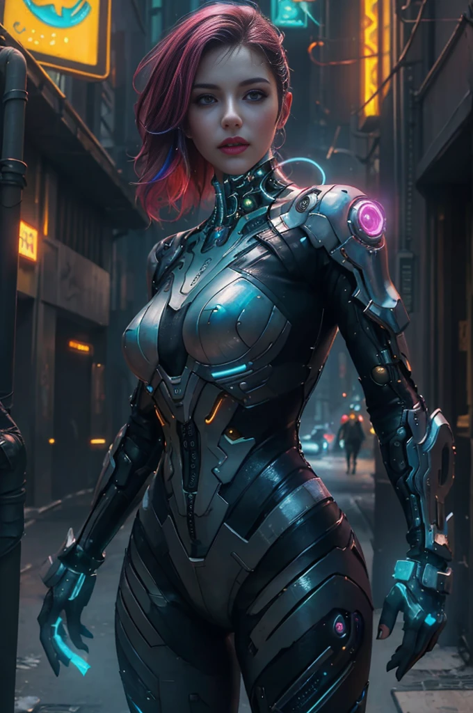 (photorrealistic:1.4) image of a cyber punk girl, (maximum quality, 8K, 32k, work of art) , (dynamic pose), ((front camera)), cowboy shot, shapeless hair, colored hair, colorful cyberpunk fashion, ,depth of field f/1.8, cyberpunk city background, cinematic lighting.