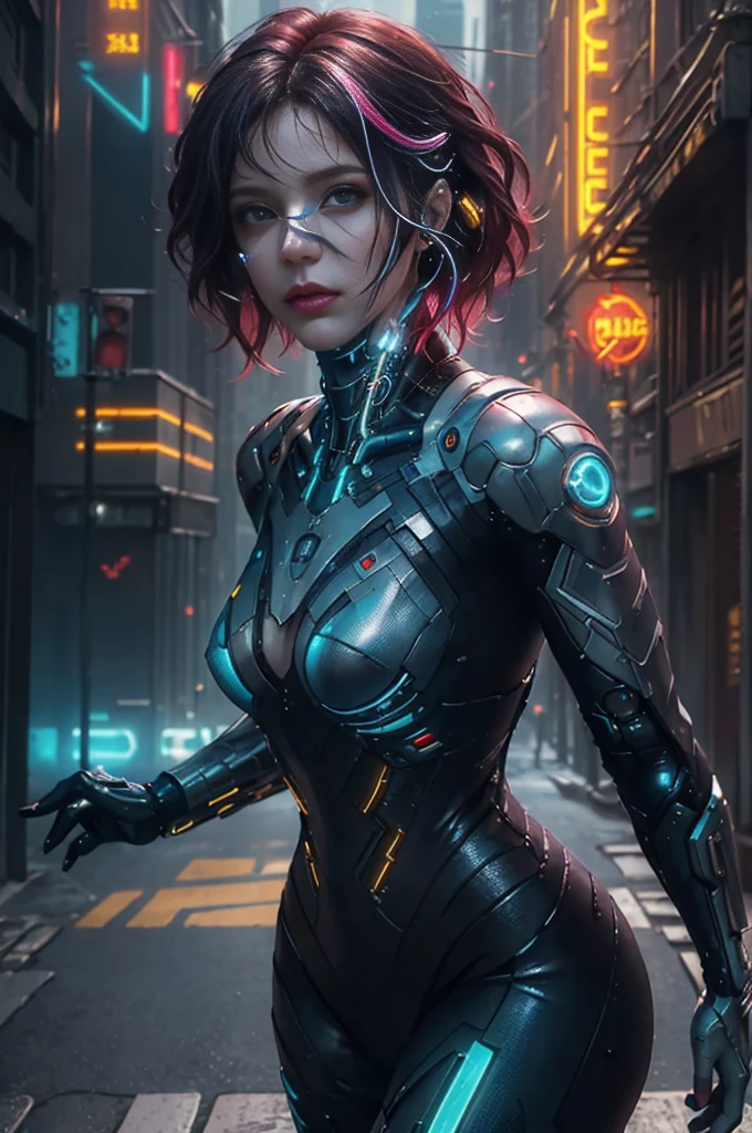 (photorrealistic:1.4) image of a cyber punk girl, (maximum quality, 8K, 32k, work of art) , (dynamic pose), ((front camera)), cowboy shot, shapeless hair, colored hair, colorful cyberpunk fashion, ,depth of field f/1.8, cyberpunk city background, cinematic lighting.