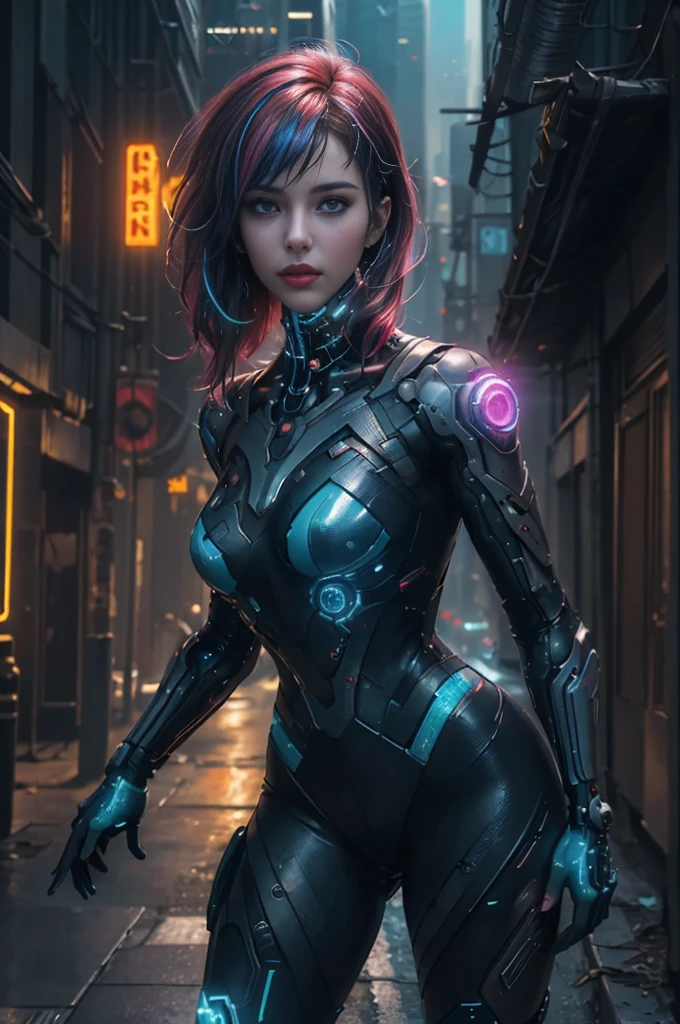 (photorrealistic:1.4) image of a cyber punk girl, (maximum quality, 8K, 32k, work of art) , (dynamic pose), ((front camera)), cowboy shot, shapeless hair, colored hair, colorful cyberpunk fashion, ,depth of field f/1.8, cyberpunk city background, cinematic lighting.