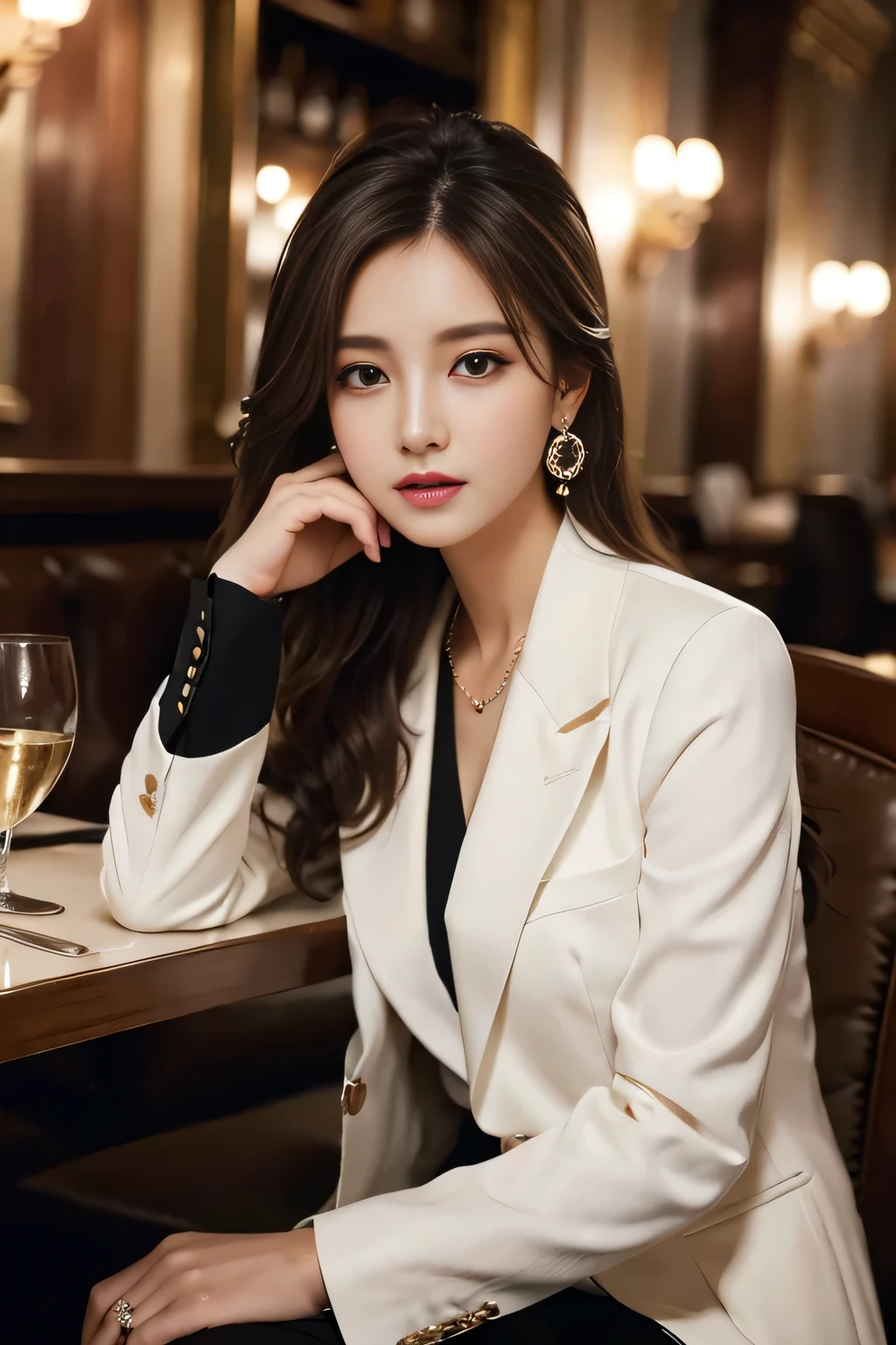 masterpiece, Highest quality, Realistic, Very detailed, Finer details, High resolution, 8k wallpaper, One beautiful woman, Wear a nice suit, In a great restaurant, At night, Light brown messy hair, Perfect dynamic composition, Beautiful and beautiful eyes、Big earrings、Sit on a chair、