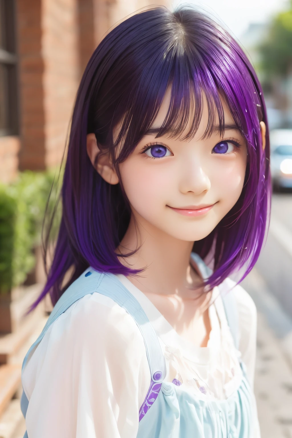 最high quality, high quality, pretty girl, alone, beautiful purple hair, Beautiful purple eyes, A light smile,