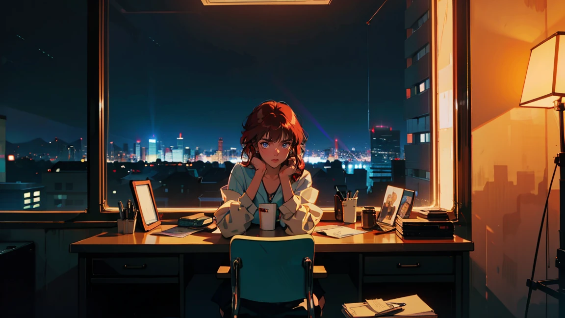 Beautiful redhead Asian girl sitting in the office at night, City night view from the window, Perfect Face, White Taylormade, Melancholy, Neon Black, (Backlight: 1.1), A scene from a movie, Hard Shadows, masterpiece, Highest quality, Complex, Model shooting style, Vintage, Film Grain, Blue tones
