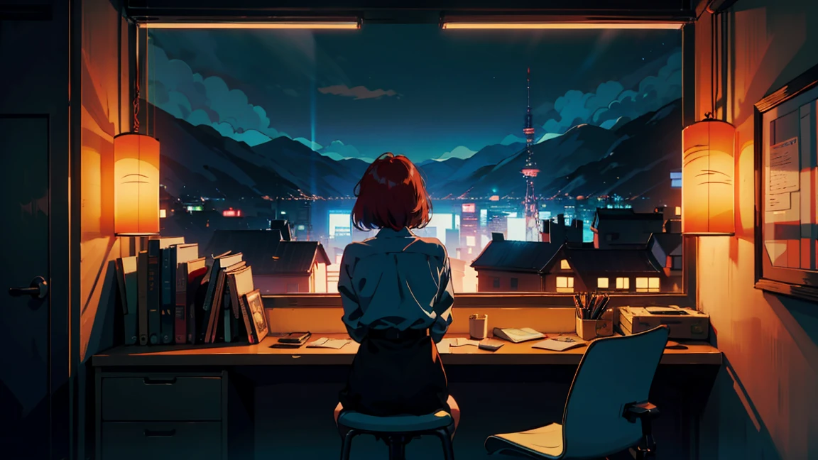 Beautiful redhead Asian girl sitting in the office at night, City night view from the window, Perfect Face, White Taylormade, Melancholy, Neon Black, (Backlight: 1.1), A scene from a movie, Hard Shadows, masterpiece, Highest quality, Complex, Model shooting style, Vintage, Film Grain, Blue tones