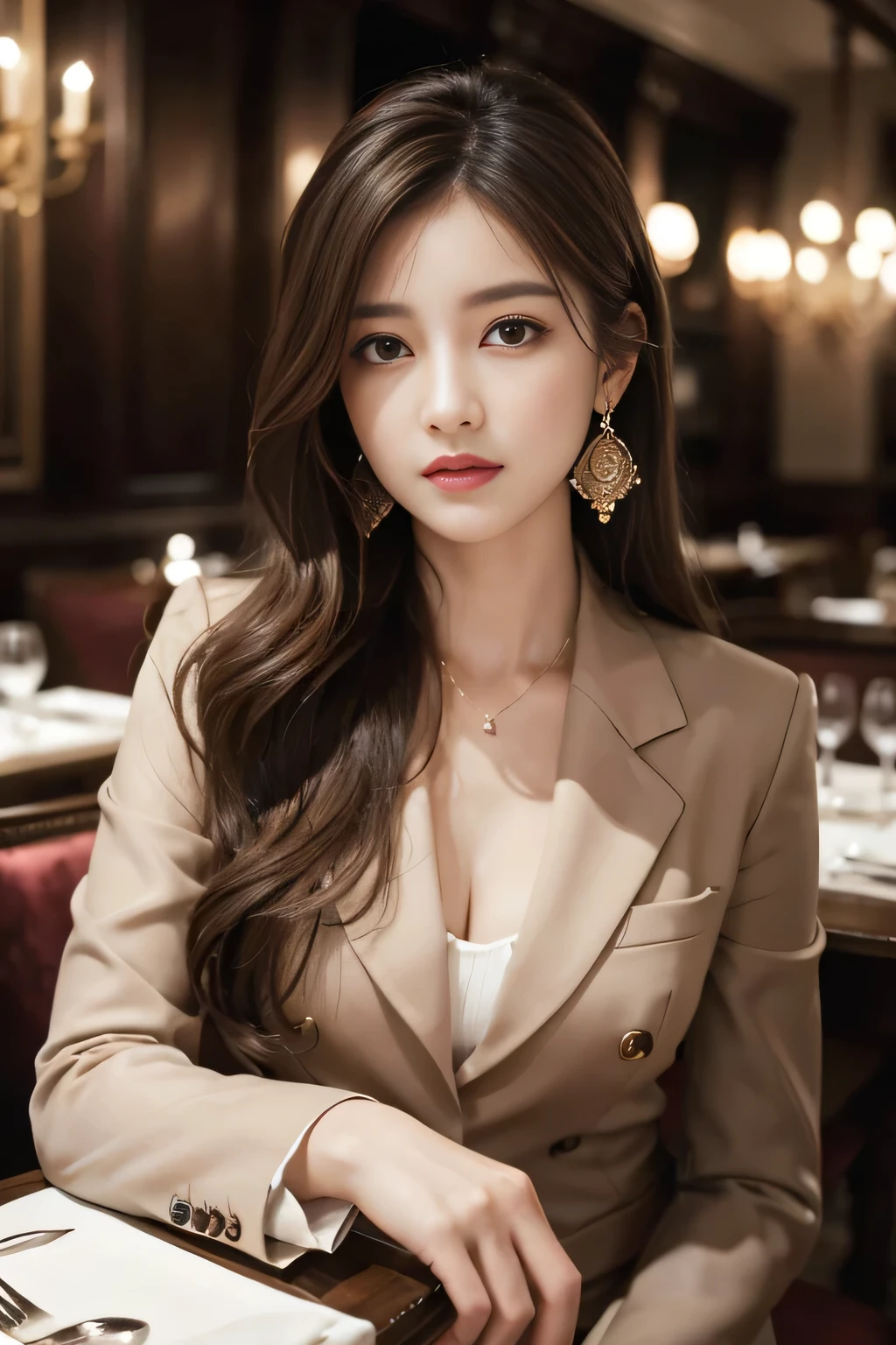 masterpiece, Highest quality, Realistic, Very detailed, Finer details, High resolution, 8k wallpaper, One beautiful woman, Wear a nice suit, In a great restaurant, At night, Light brown messy hair, Perfect dynamic composition, Beautiful and beautiful eyes、Big earrings、Sit on a chair、