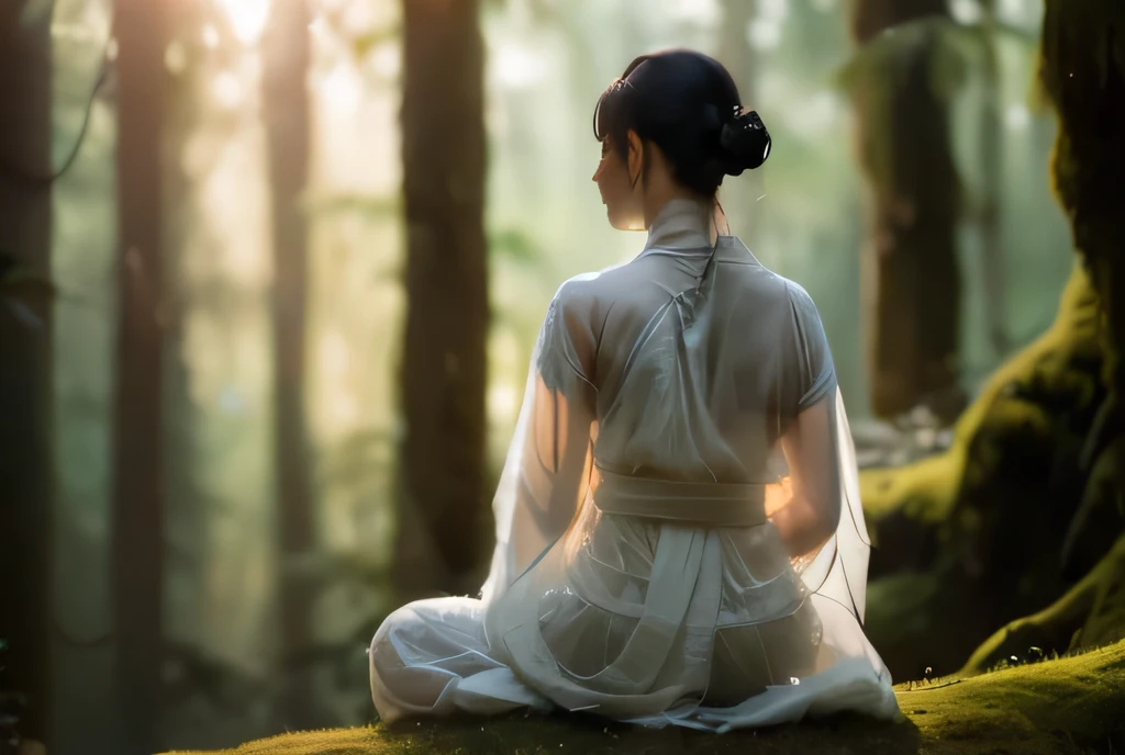 (view from behind, A young female monk (Transparent silhouette:1.3), Meditation on a mossy tree in the forest, White soft flowing dress, Create a fantastic atmosphere, A wonderful interweaving of light and shadow, With a tranquil forest as the background, Bokeh, Shallow depth of field