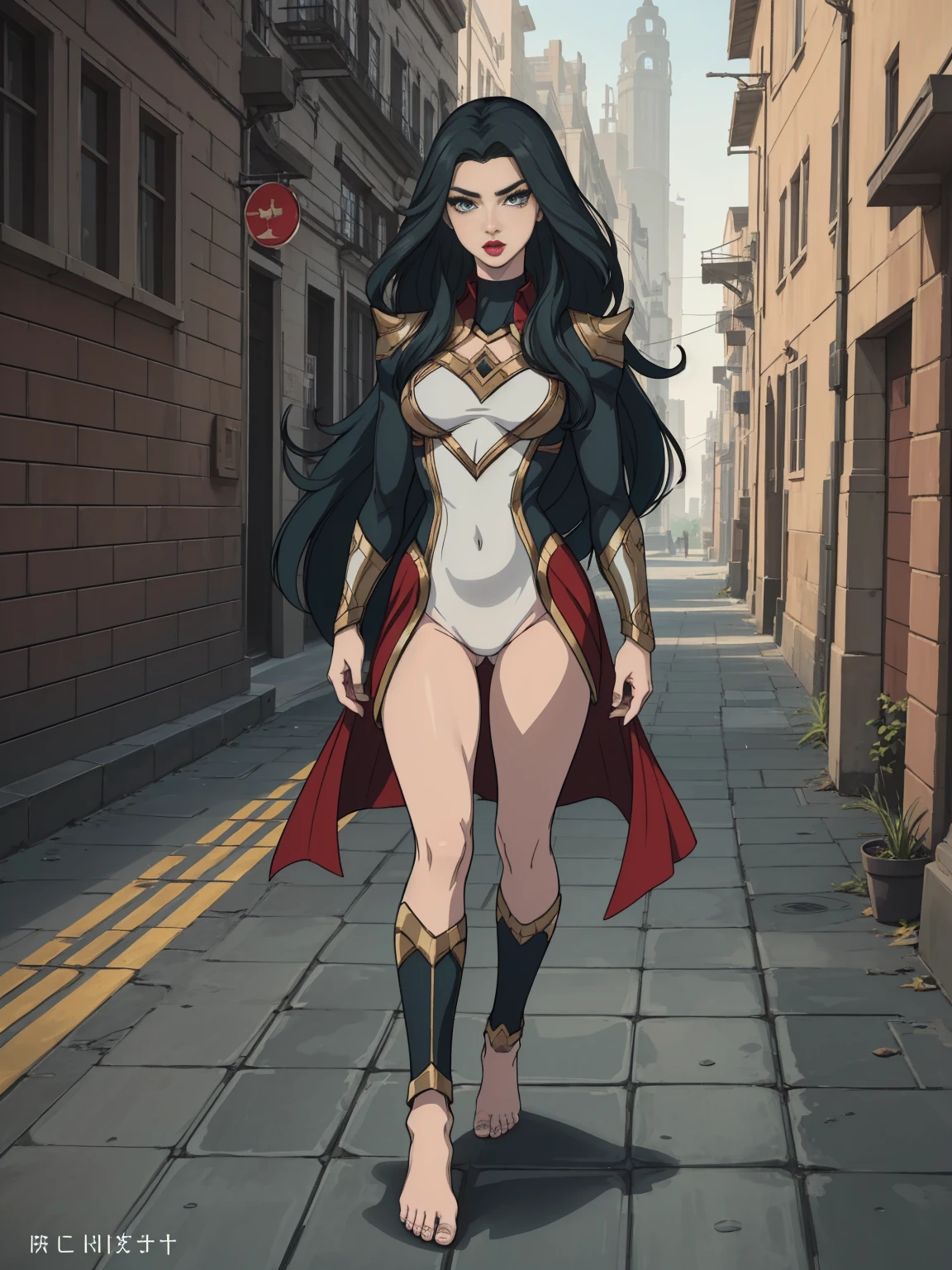 ((full body photo, standing, feet on the ground)) (Adriana Lima :1.1) Red lips, green eyes, ((full body photo, standing, feet on the ground)) Wonder Woman stands imposingly in a city from Themyscira. The scenery is lush. The camera details everything, a warrior woman, cover with stars .
