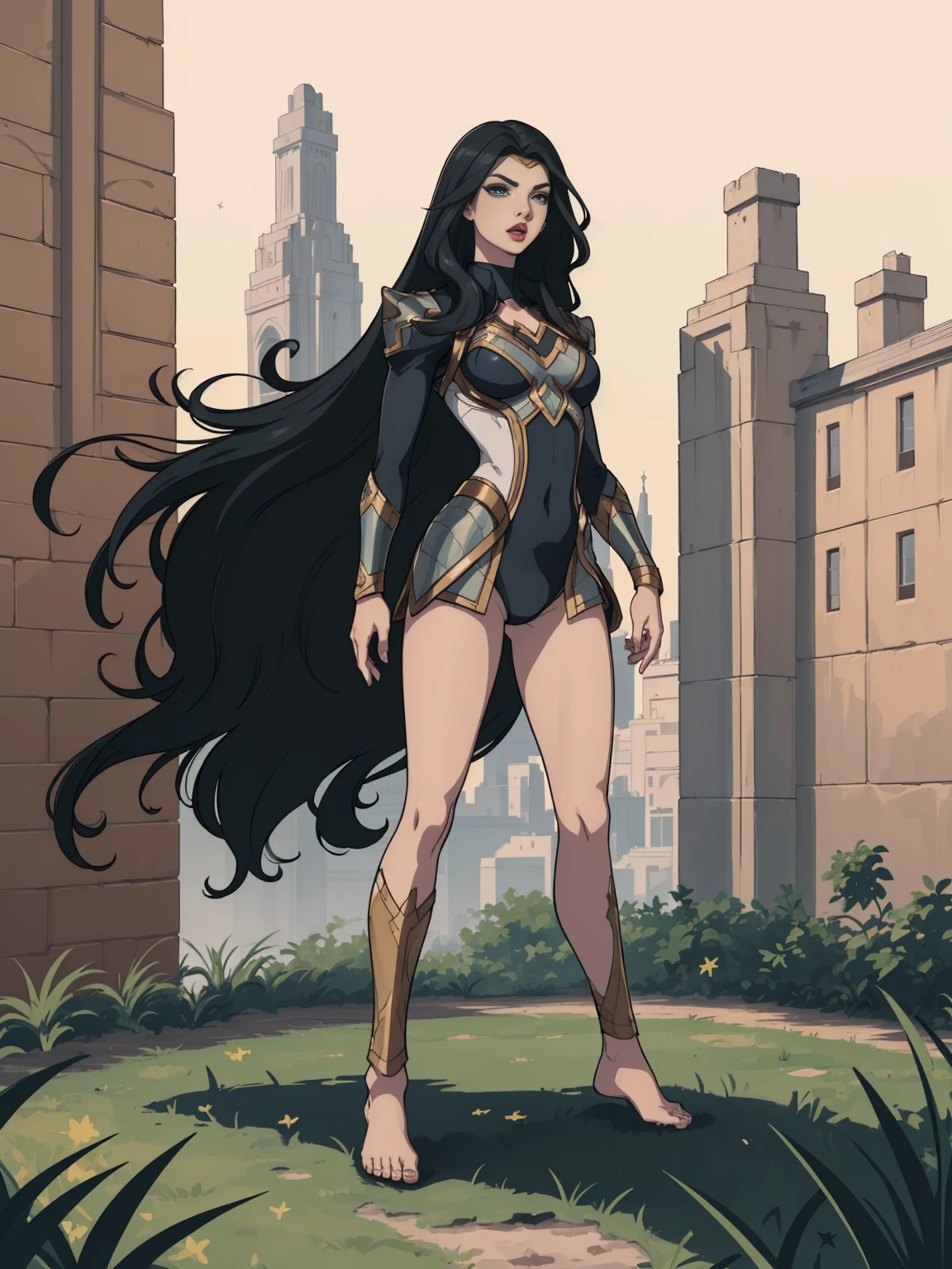 ((full body photo, standing, feet on the ground)) (Adriana Lima :1.1) Red lips, green eyes, ((full body photo, standing, feet on the ground)) Wonder Woman stands imposingly in a city from Themyscira. The scenery is lush. The camera details everything, a warrior woman, cover with stars .
