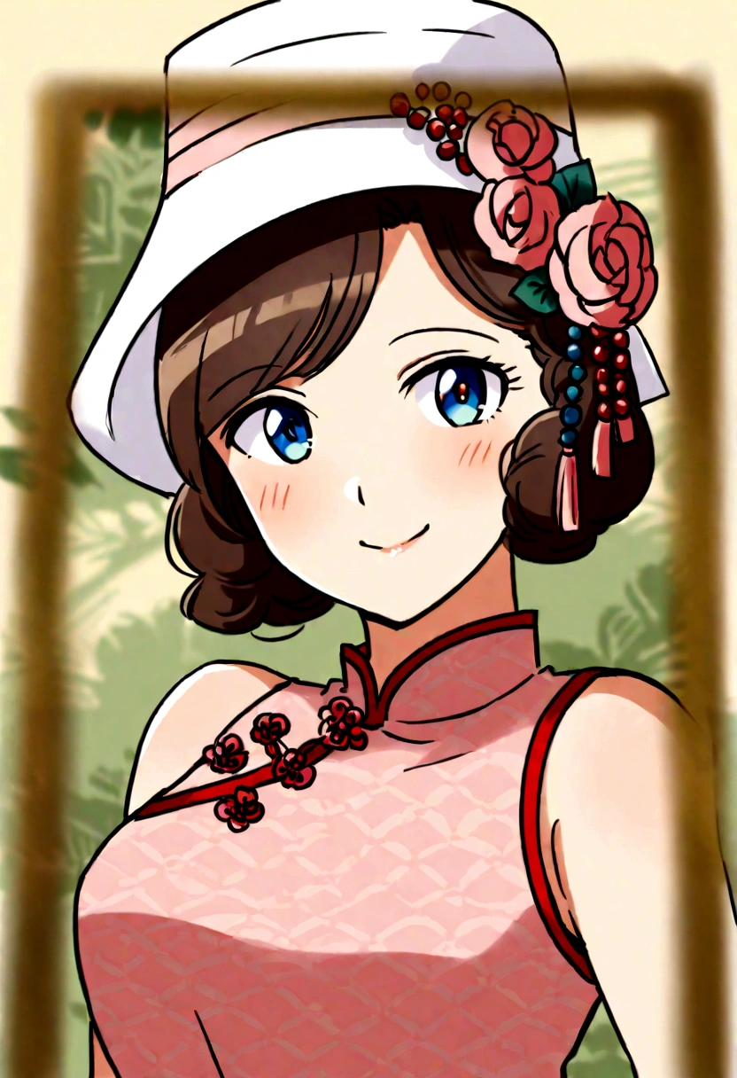 blurred photo of a woman with blue eyes, in a pink dress with hearts and white hat posing for a photo, smiling, airmax12,1 9 3 0 style, 1 9 2 0 cloth style, wearing a dress made of beads, cheongsam, 1 9 2 0 s, 1920s, 1 9 2 0 s pano style, 1 9 3 0 s, 1930s