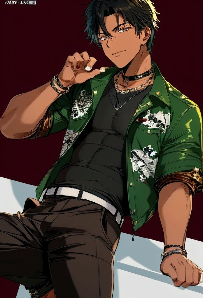 22 year old man, a little muscular,black hair, dark skin color ,A sports sneaker, brown pants, a dark green shirt with a crown print and a black leather jacket, background on top of a building red moon snow, arte the boys, アニメ