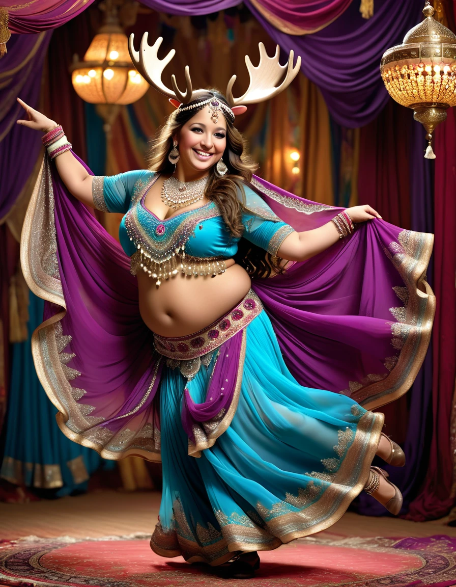 photorealistic portrait of Dressed animals - a ((fat)) ((moose)) dancer,(furry), (dynamic dancing:2.0), (swinging arms :2.0),(happy smile:1.5),high quality,(happy),(lovely) ,intricate details, (sheer veil), highly detailed (( gypsy belly dancing clothes)) ,highly detailed decorations of clothes, Wearing gypsy belly dancing clothes, , (happy), soft lighting,(full body image:1.5),Arabian palace background,(viewed from side:2.0),
