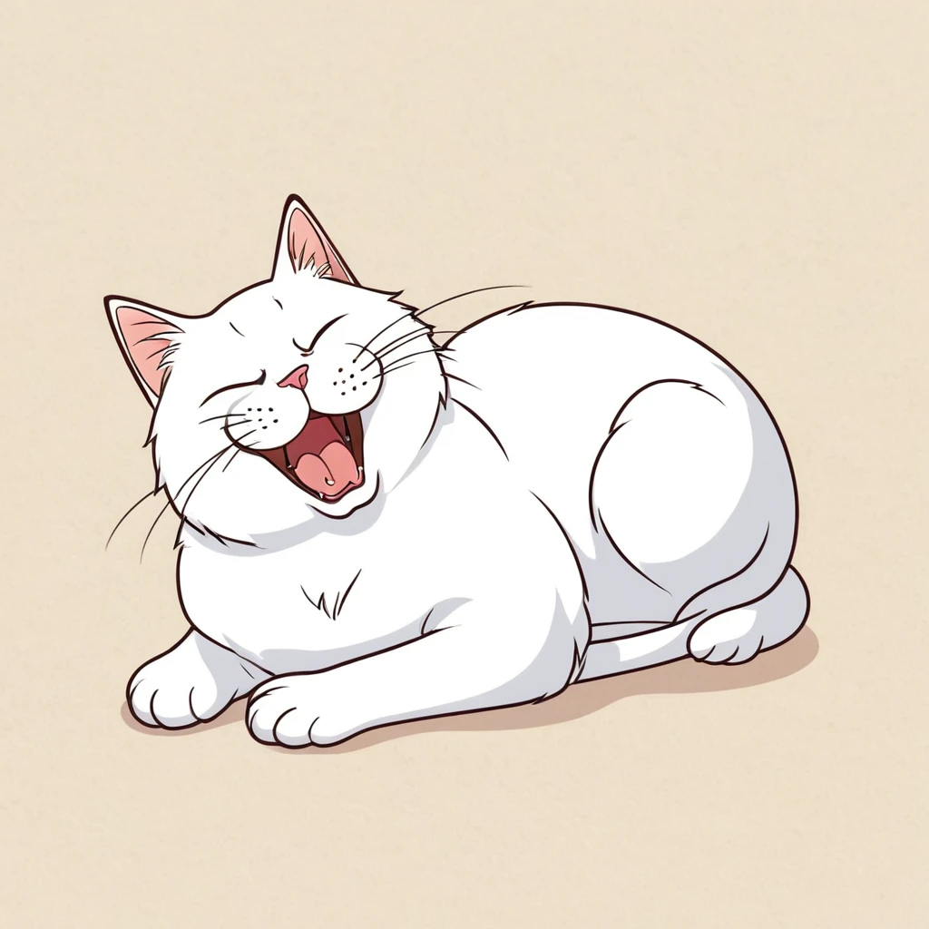 Anthropomorphic cute cat, narrow eyes, lying down and yawning loudly, one stroke, Japanese style animation touch, high image quality