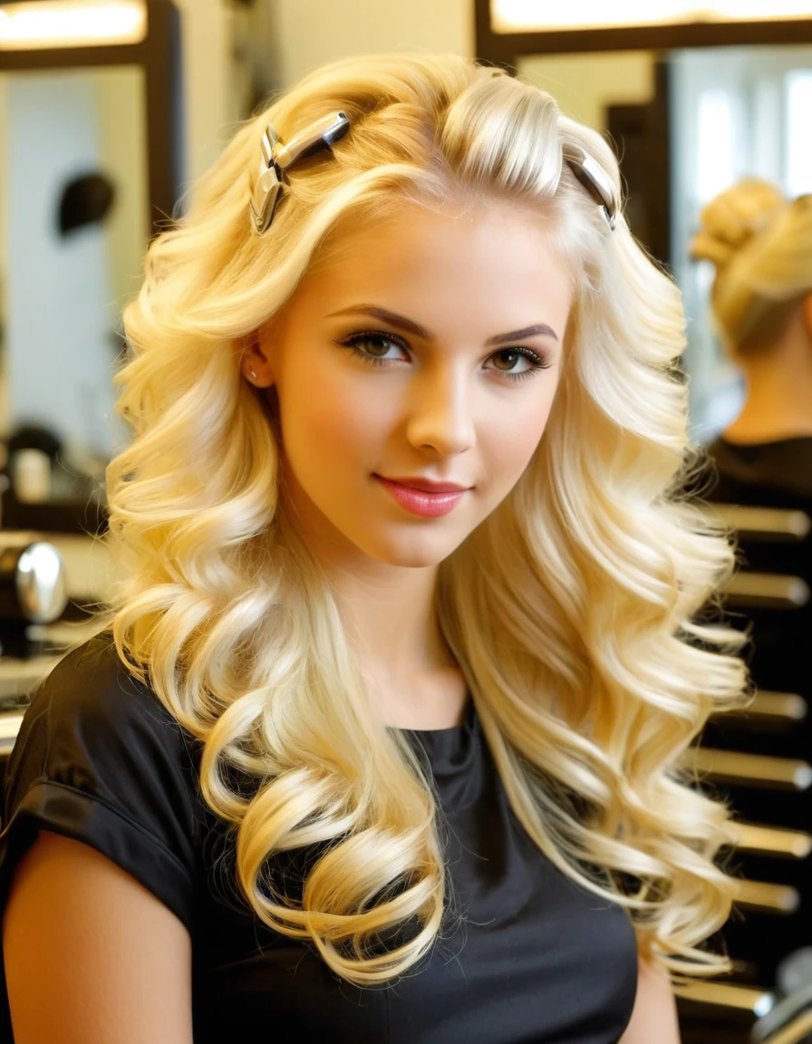 very attractive 25 year old caucaseia girl with long platinum blonde hair, at the hairdressers, hair in tight curlers