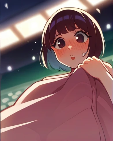 Masterpiece, high resolution, illustration, Kyoto animation style, ชื่อofคุณคือสไตล์ภาพยนตร์, nighttime, midnighttime, Gentle light, mesmerizing light, (1 woman: 1.3), (alone: 1.4), Long eyelashes, short bob, nose_Blush, open_mouth, mattress, bare, bare, towel, Shillarism, dynamic attitude, attitude, Bokeh, Depth_of_stadium, from_ below