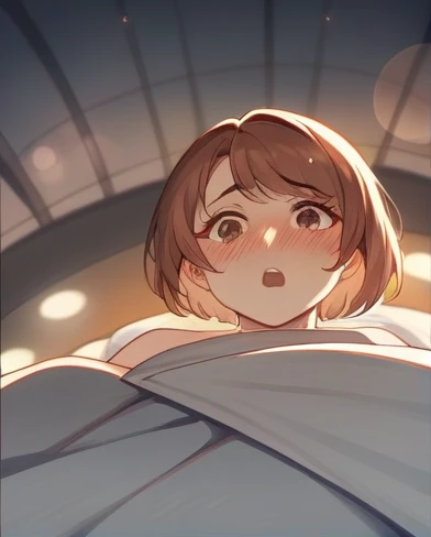 Masterpiece, high resolution, illustration, Kyoto animation style, ชื่อofคุณคือสไตล์ภาพยนตร์, nighttime, midnighttime, Gentle light, mesmerizing light, (1 woman: 1.3), (alone: 1.4), Long eyelashes, short bob, nose_Blush, open_mouth, mattress, bare, bare, towel, Shillarism, dynamic attitude, attitude, Bokeh, Depth_of_stadium, from_ below