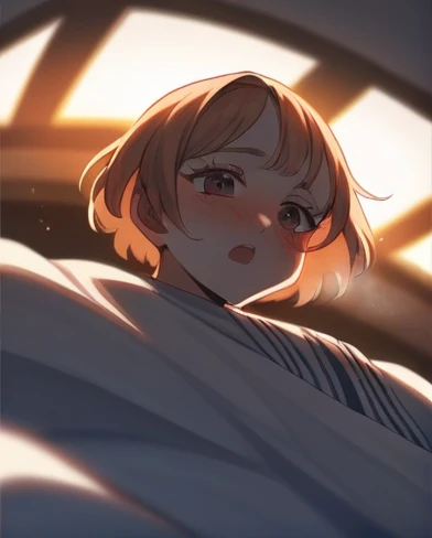 Masterpiece, high resolution, illustration, Kyoto animation style, ชื่อofคุณคือสไตล์ภาพยนตร์, nighttime, midnighttime, Gentle light, mesmerizing light, (1 woman: 1.3), (alone: 1.4), Long eyelashes, short bob, nose_Blush, open_mouth, mattress, bare, bare, towel, Shillarism, dynamic attitude, attitude, Bokeh, Depth_of_stadium, from_ below