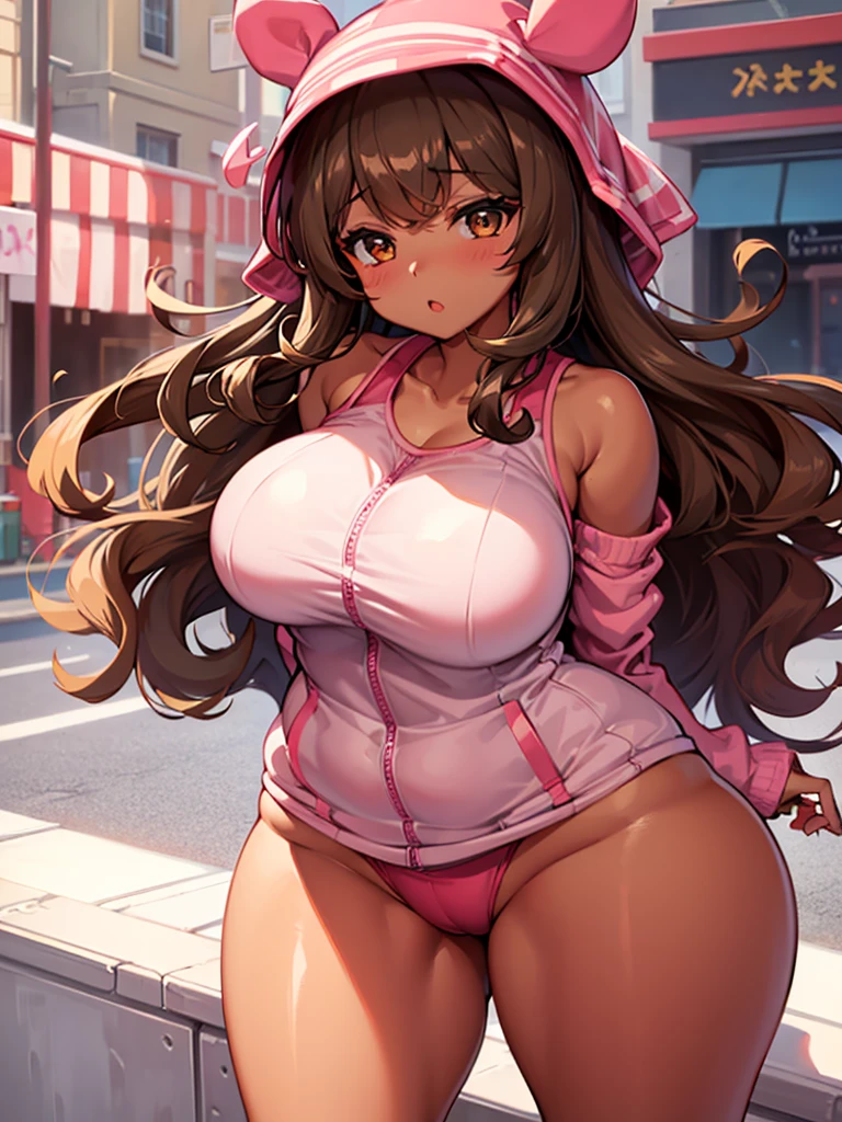 1girl, thick and , cute, brown skin, long curly brown hair with bangs, brown eyes, cute pink aesthetic
