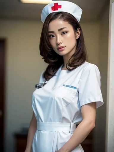 1 Girl,(Wearing white nurse clothes:1.2),(RAW Photos, Highest quality), (Realistic, photo-Realistic:1.4), masterpiece, Very delicate and beautiful, Very detailed, 2k wallpaper, wonderful, finely, Very detailed CG unity 8k wallpaper, Very detailedな, High resolution, Soft Light, Beautiful detailed girl, Very detailed eyes and face, Beautiful and detailed nose, finely beautiful eyes, nurse, Perfect Anatomy, Black Hair, Upstyle, nurse uniform, ((nurse cap)), Long skirt, nurse, White costume, thin, hospital, clear, White Uniform, hospital room, Neck auscultation,Close your face,Upper Body Shot