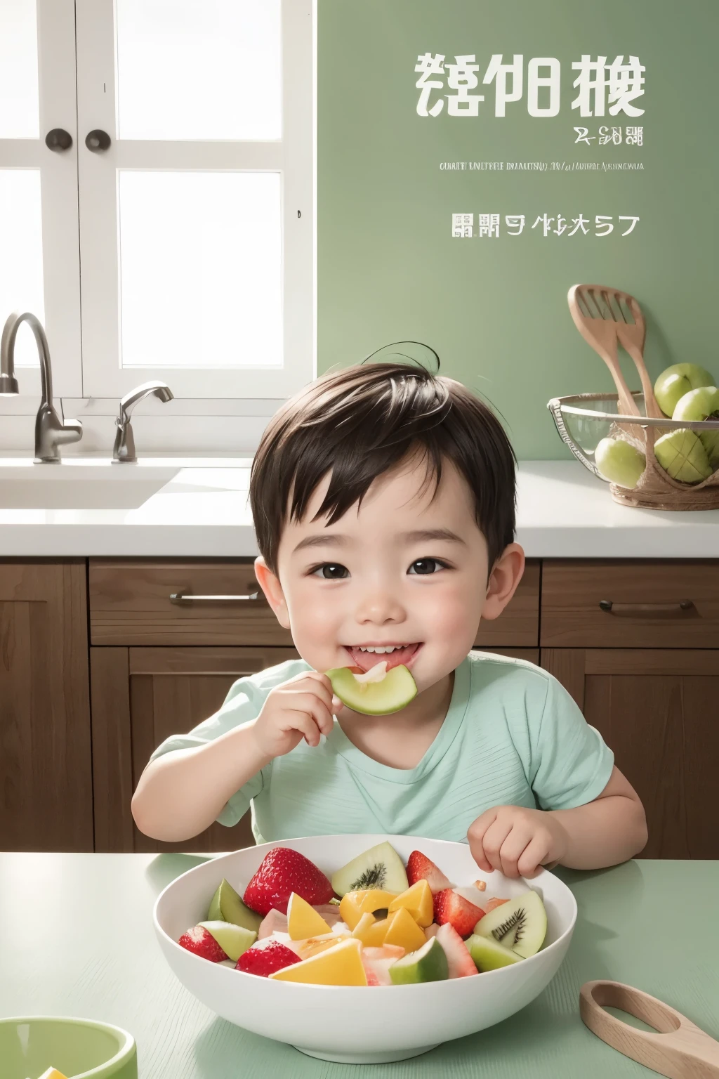 a cover with a background in a soft pastel tone, maybe light green. At the center, a color image of a western baby boy smiling and eating a bowl of fresh fruit. Around main image, Small fruit and kitchen utensil icons add a fun, themed touch.