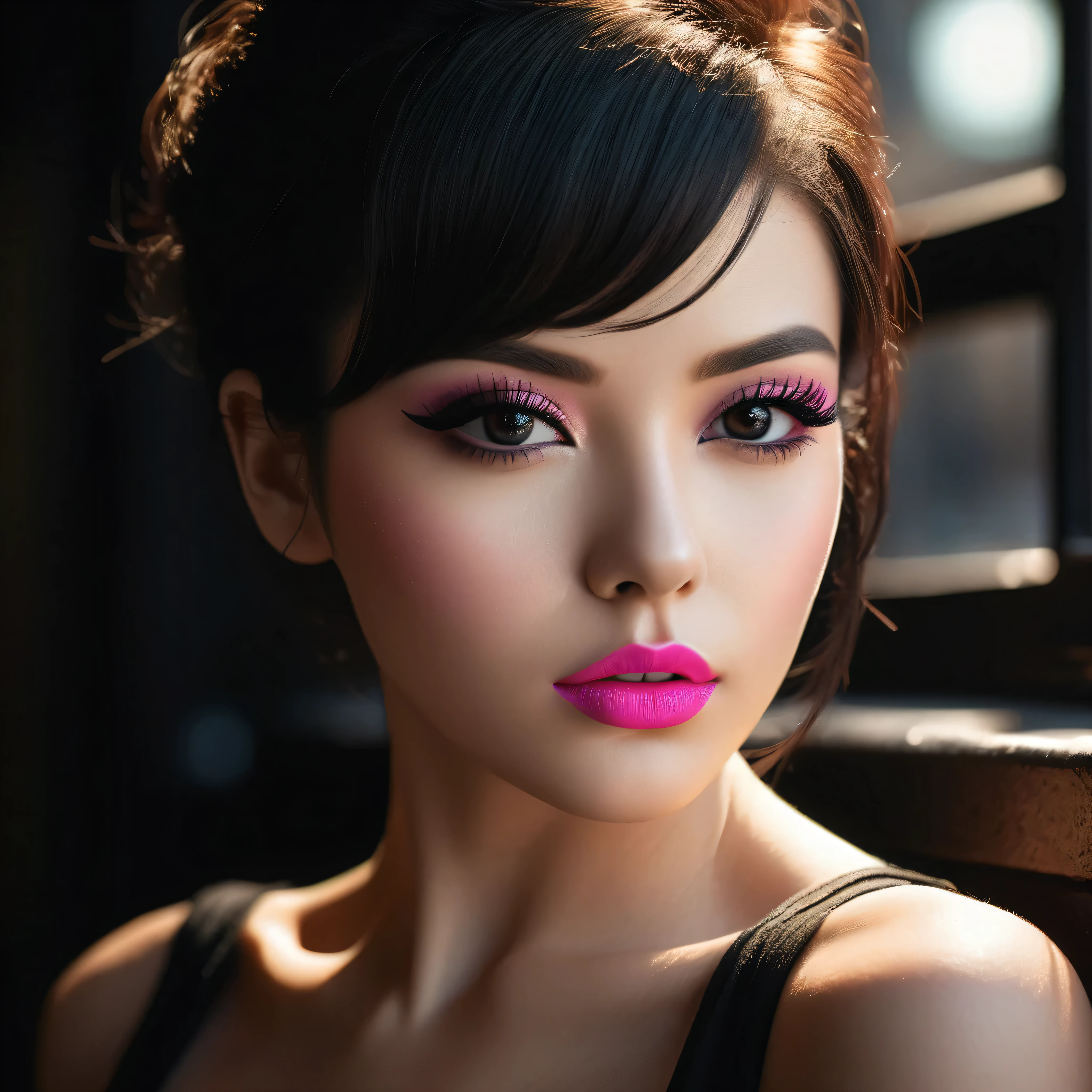 ((Make your subject look three-dimensional with the contrast of light and shadow)). photorealistic Realism 16K Quality: (Hyper absurd quality and details realistic texture velvet skin, hair), Photorealistic photo (portrait) a cute 1model:1.4 24yo, dslr, best high quality soft lighting, sharp focus captured by Fujifilm XT3, f 5.6, in a dramatic lighting, ((Hyper details realistic black_eyes:1.25)), ((finely details pupils:1.3)), Perfect makeup, ((detailed symmetrical lips:1.3)), ((V-line jaw)), pink_lipstick:1.3, (Hyper detailed eyelashes), ((perfect dark_eyeshadows:1.25)), (Detailed nose:1.2), (perfect composition), ((pale skin)), (dry skin), (((she wears black Tube top outfits, the latest fashion trend of this summer))), (Anatomically correct), (perfect proportions), ((perfect hands:1.2)), ((perfect female body:1.4)), cute girl, ((firm and full breasts:1.3)),