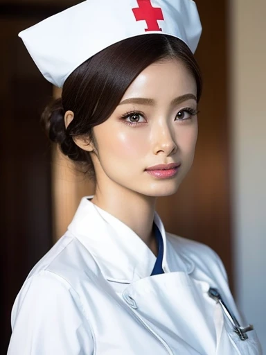 1 Girl,(Wearing white nurse clothes:1.2),(RAW Photos, Highest quality), (Realistic, photo-Realistic:1.4), masterpiece, Very delicate and beautiful, Very detailed, 2k wallpaper, wonderful, finely, Very detailed CG unity 8k wallpaper, Very detailedな, High resolution, Soft Light, Beautiful detailed girl, Very detailed eyes and face, Beautiful and detailed nose, finely beautiful eyes, nurse, Perfect Anatomy, Black Hair, Upstyle, nurse uniform, ((nurse cap)), Long skirt, nurse, White costume, thin, hospital, clear, White Uniform, hospital room, Neck auscultation,Close your face,Upper Body Shot