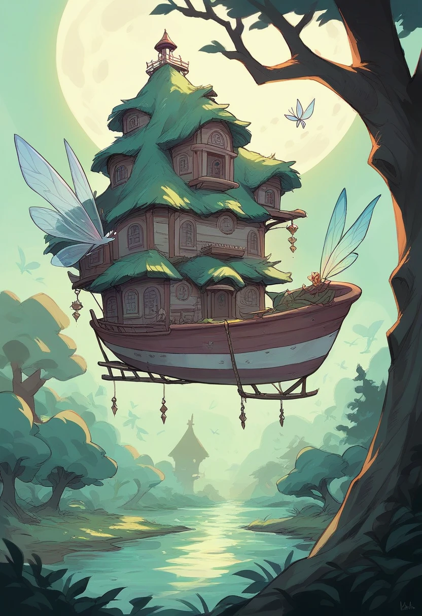 dark forest, with fairies, magical creatures, houses hidden in the trees, a sea reflecting in the moon. A big ship flying in the skies