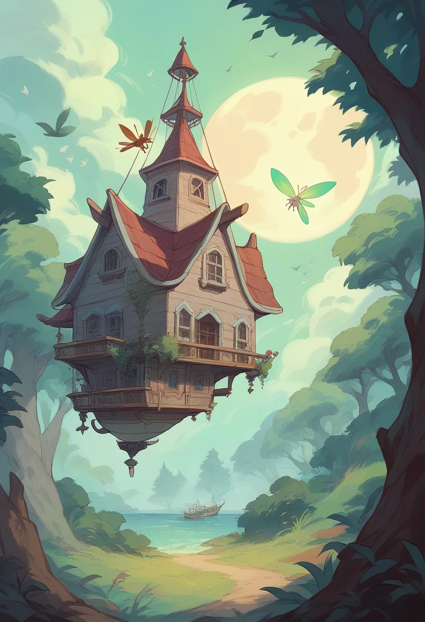 dark forest, with fairies, magical creatures, houses hidden in the trees, a sea reflecting in the moon. A big ship flying in the skies
