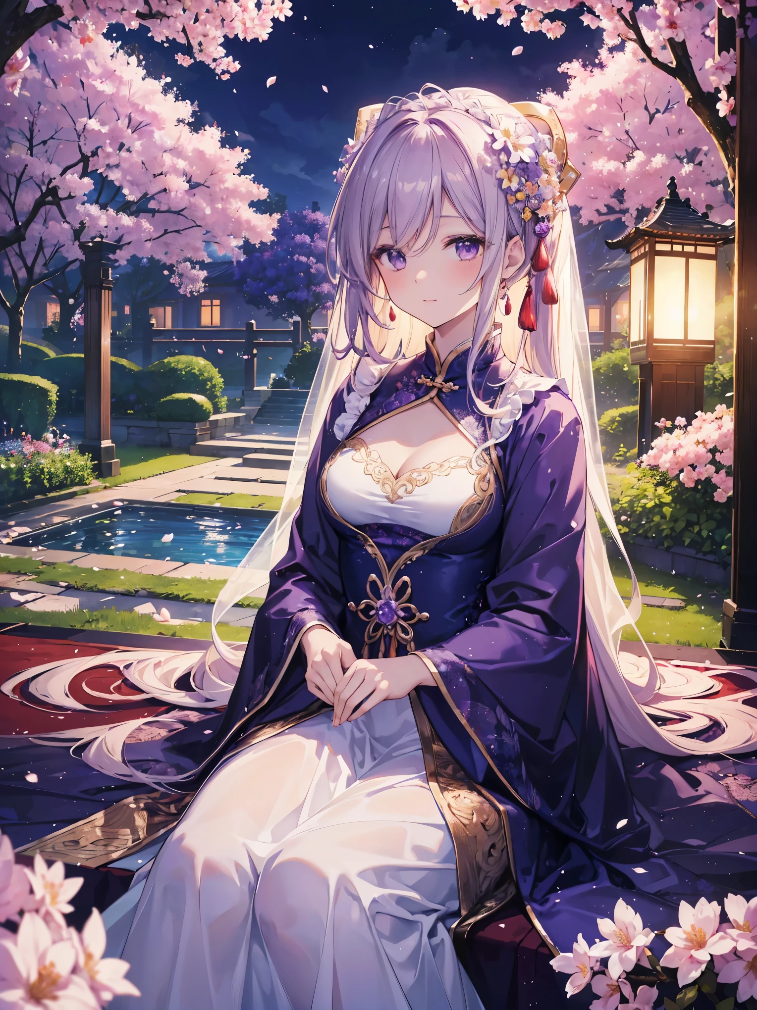 (Best quality at best,A high resolution,The image is clear:1.2),Ultra detailed backgrounds,Beutiful women,The stands up,purple dress,Chinese-style clothes,Delicate petals,Garden scene,under moonlight,Romantic atmosphere,Dutch Angle Shot,gentlesoftlighting,shelmet