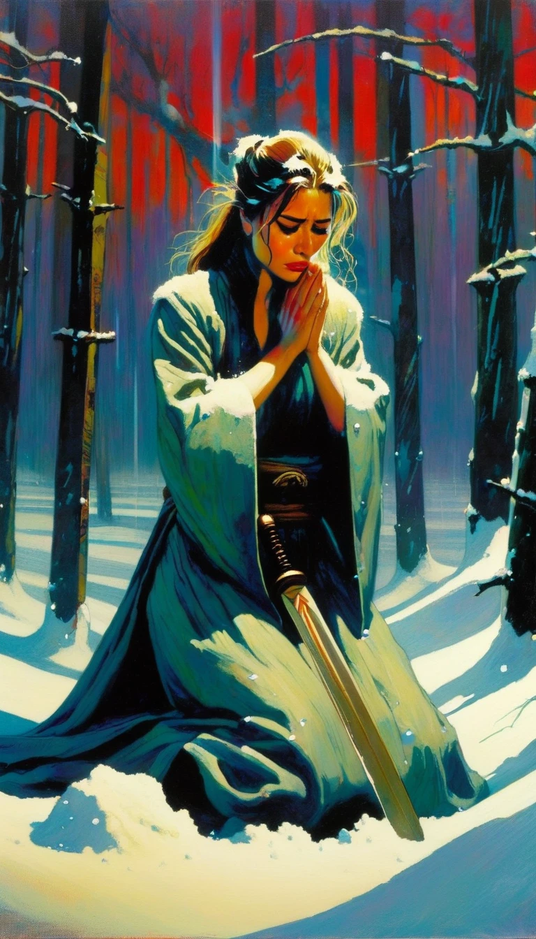 ten swords are sunk in the snow, a woman cries on her knees inconsolably,(art inspired in Bill Sienkiewicz). oil painting)