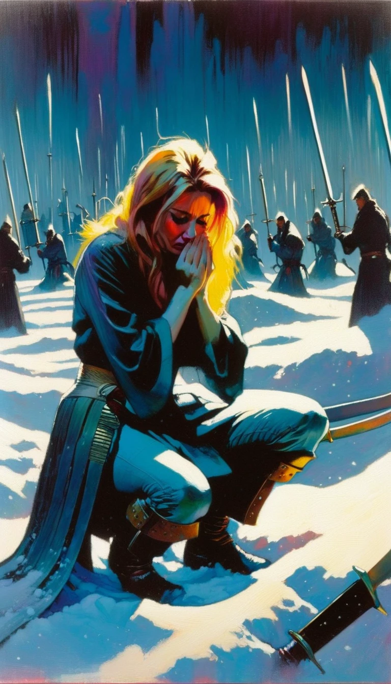 ten swords are sunk in the snow, a woman cries on her knees inconsolably,(art inspired in Bill Sienkiewicz). oil painting)