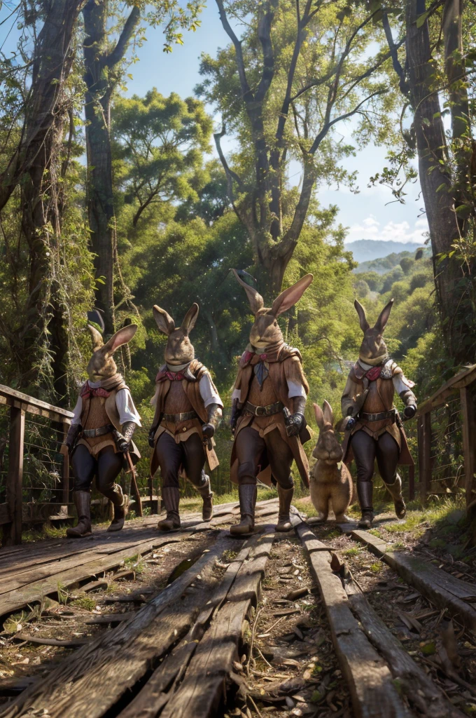 a group of anthropomorphic rabbits dressed in leather skins walking upright single file across a bridge woven out of branches high up between 2 giant trees, masterpiece, best, photo realistic