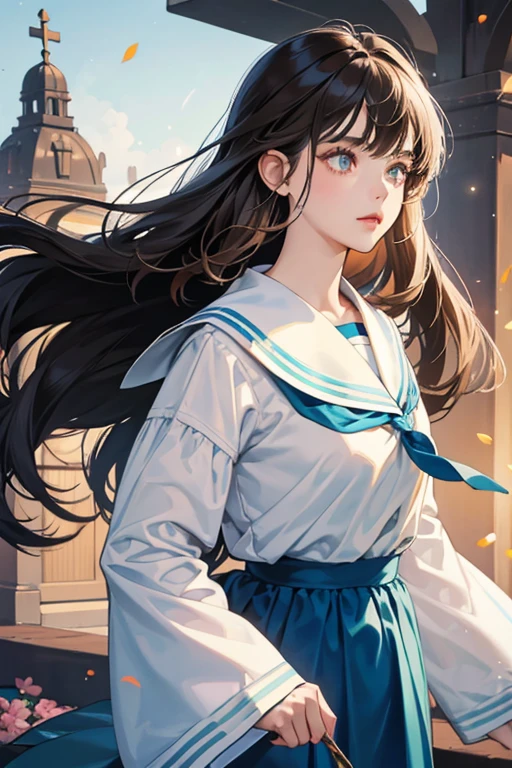 she has dark brown hair, her hair is parted on the left, with most of the fringe swept to the right side. The rest is slicked to the left, and a small cowlick sticks up from the top of her head. sHe received amber eyes. sHe wears a white naval sailor suit with bishop sleeves, adorned with blue piping and a blue kerchief, flowers pinned to her left SPARKLE; GLITTER