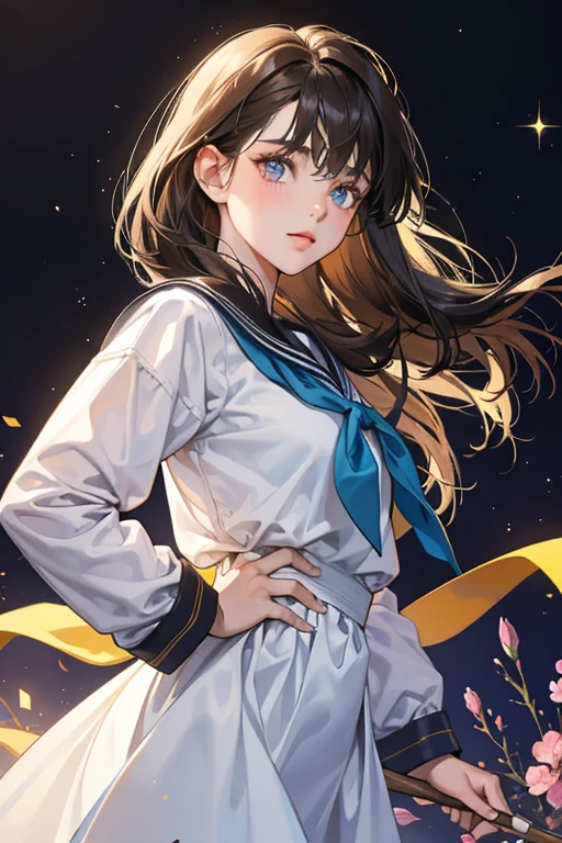 masterpiece, best quality,1girl, solo, brown hair, long hair, ponytail, school uniform, open mouth, yellow eyes, skirt, star (symbol), sleeves past wrists, sleeves past fingers, looking at viewer, :o, blush, starry background, pleated skirt, serafuku, white background, hair bow