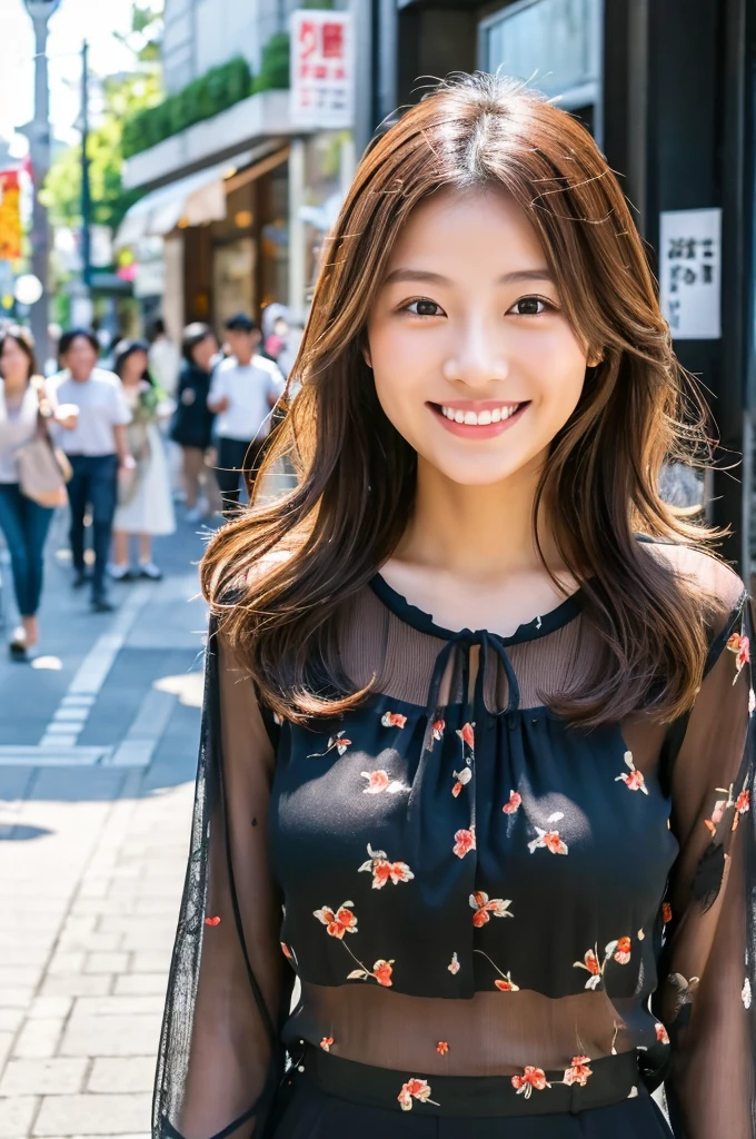 ((Highest quality)), ((masterpiece)), (detailed), Japanese,Beauty,Street Corner,OL,blouse,smile