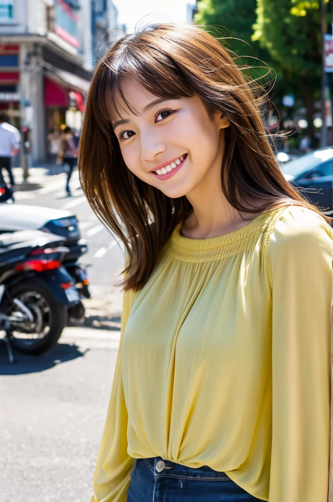 ((Highest quality)), ((masterpiece)), (detailed), Japanese,Beauty,Street Corner,OL,blouse,smile