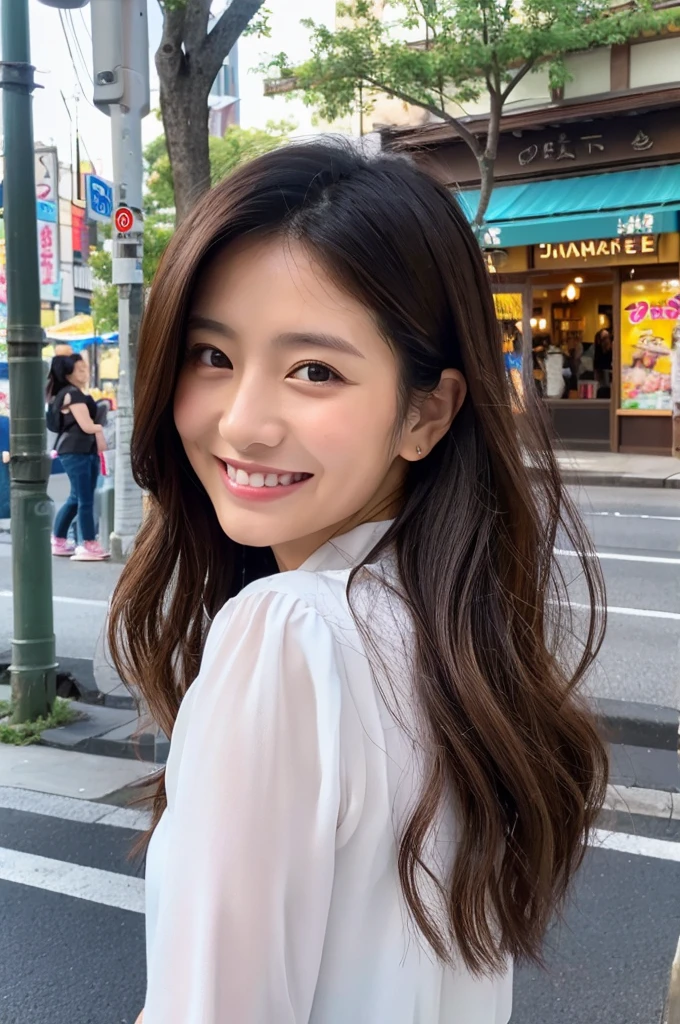 ((Highest quality)), ((masterpiece)), (detailed), Japanese,Beauty,Street Corner,OL,blouse,smile