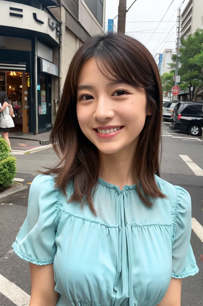 ((Highest quality)), ((masterpiece)), (detailed), Japanese,Beauty,Street Corner,OL,blouse,smile